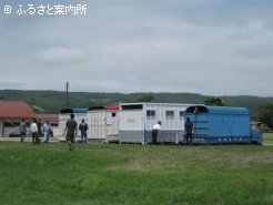 北海道市場の馬積み降ろし場に集まった馬運車