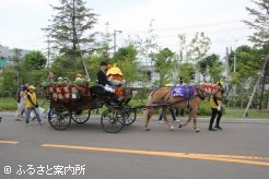 札幌競馬開幕パレードには、市内の保育園に通う子供たちが乗り込んだ