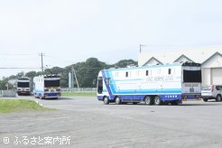 北海道市場を出発する3台の馬運車