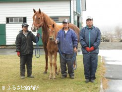母ヤマカツマリリン、当歳の半弟。繁殖スタッフの(左から)渡辺さん、林さん、平野さん