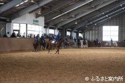関係者が見守る中、屋内馬場で行われた騎乗供覧