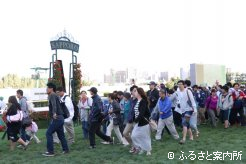 ゴール板の前で写真を撮るファンの姿も