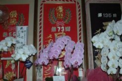 玄関には松本オーナーから贈られた皐月賞・日本ダービー・天皇賞春の優勝記念肩掛けが並ぶ