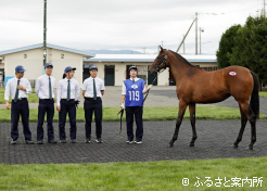 生産馬を売却した北海道静内農業高校の生徒たち と「アツコ2025」(牝、父マクフィ)